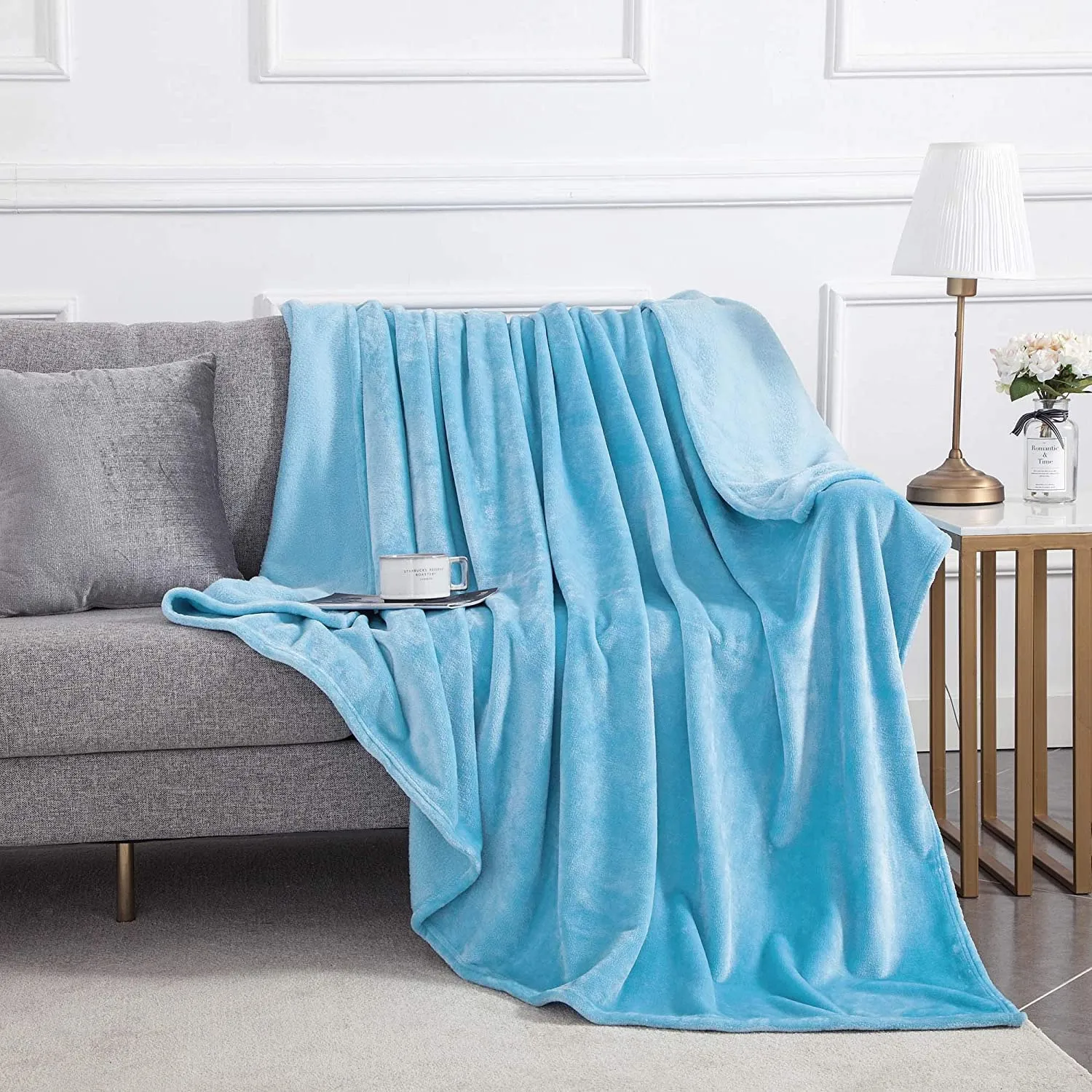 VAS COLLECTIONS Premium Plush Double Blanket 300 GSM Lightweight Cozy Soft for Bed, Sofa, Couch, Travel & Camping 220X230 Cm Or 86X90 Inches Sky Blue Flannel