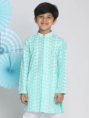 VASTRAMAY Boy's Green Lukhnowi Chikankari Kurta