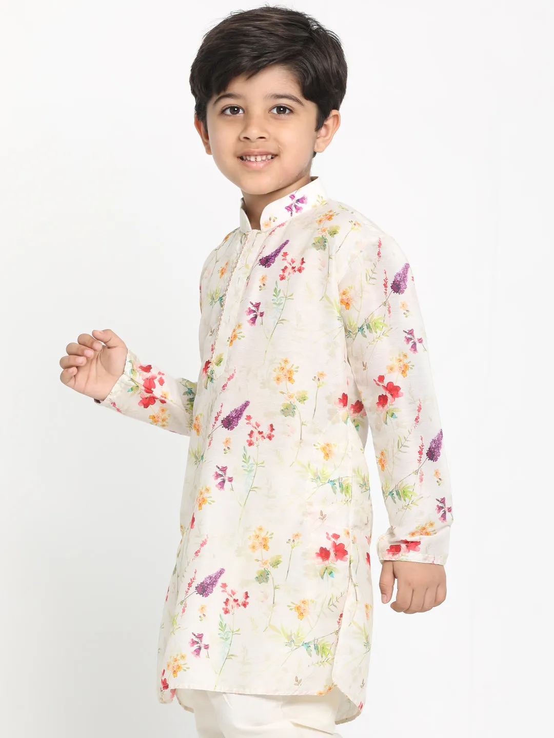 VASTRAMAY Boy's Multicolor-Base-Cream Cotton Blend Printed Kurta