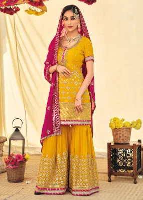 Vivid Yellow Zari & Mirror Embroidered Festive Sharara Suit