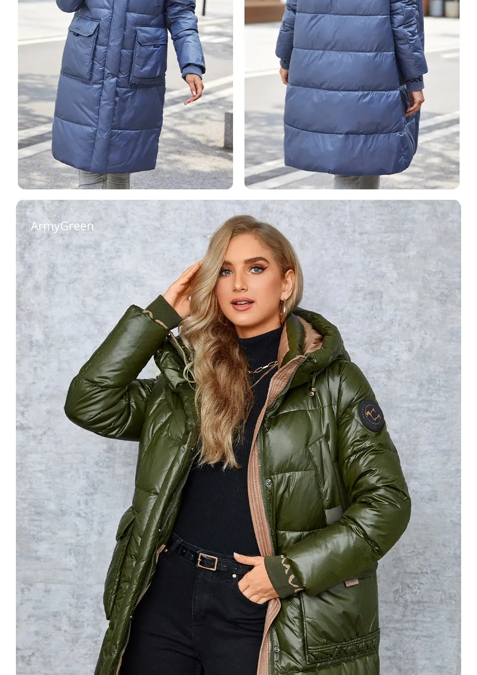 Women's down Jacket Long Classic zipper design Big Pocket Stand Collar Hooded Slim coat Women Parkas