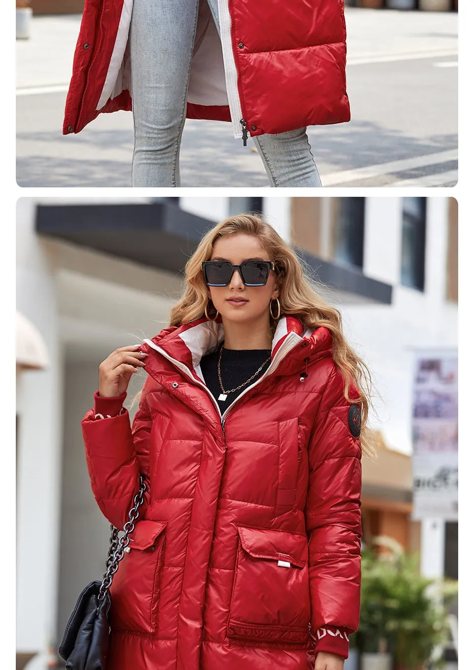 Women's down Jacket Long Classic zipper design Big Pocket Stand Collar Hooded Slim coat Women Parkas