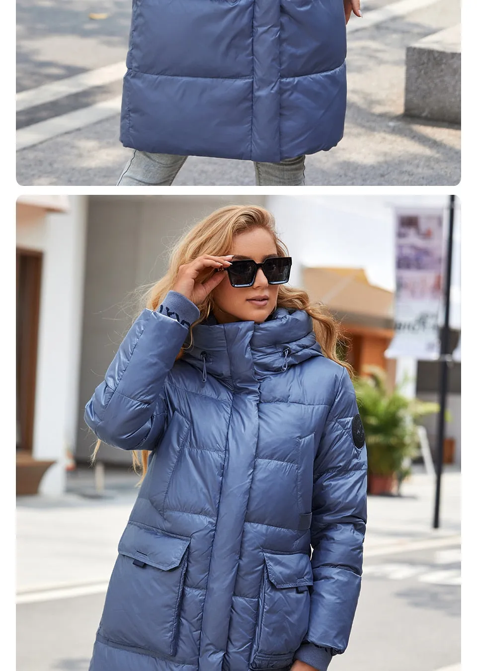 Women's down Jacket Long Classic zipper design Big Pocket Stand Collar Hooded Slim coat Women Parkas