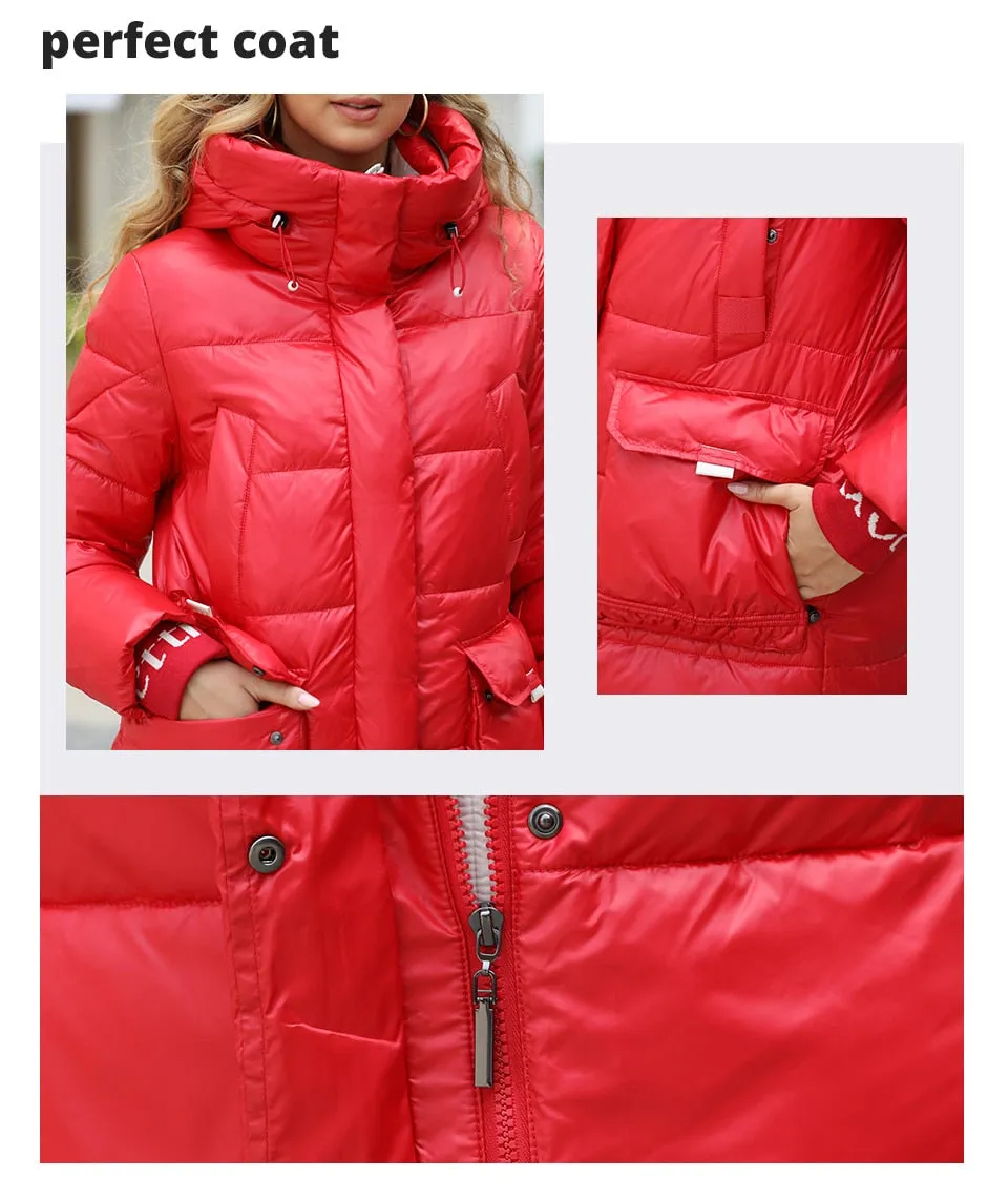 Women's down Jacket Long Classic zipper design Big Pocket Stand Collar Hooded Slim coat Women Parkas