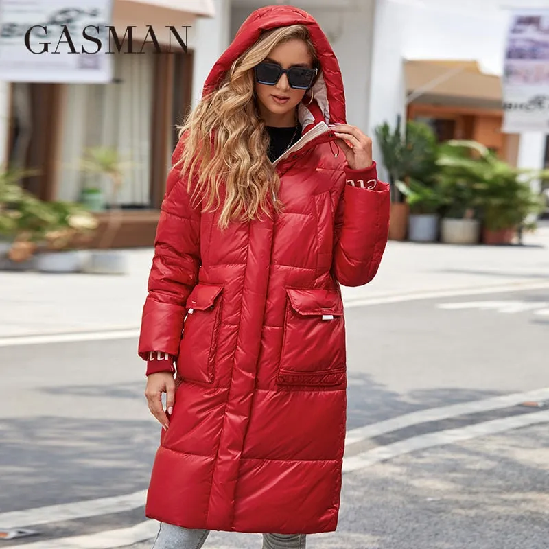 Women's down Jacket Long Classic zipper design Big Pocket Stand Collar Hooded Slim coat Women Parkas