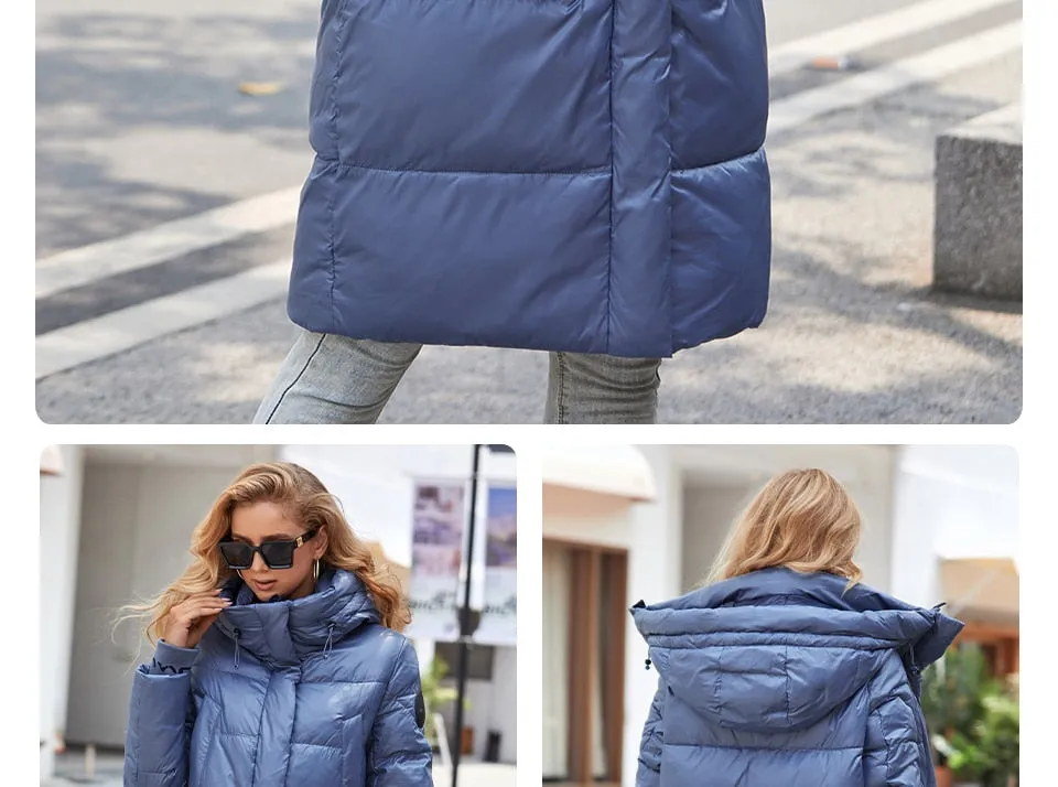 Women's down Jacket Long Classic zipper design Big Pocket Stand Collar Hooded Slim coat Women Parkas