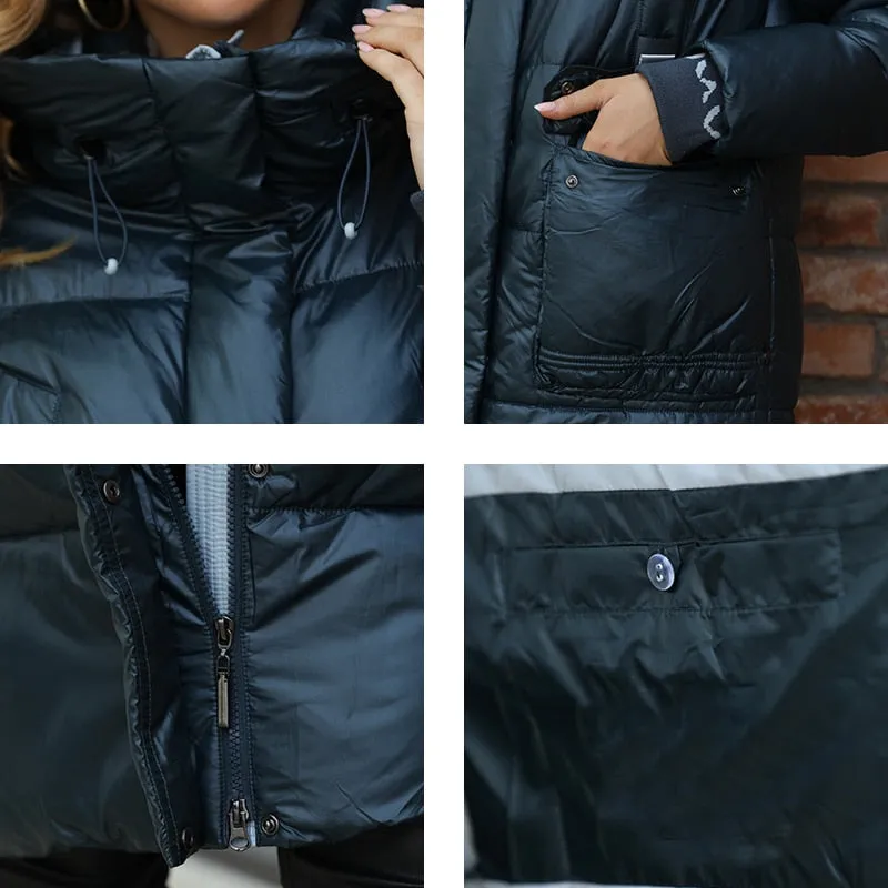 Women's down Jacket Long Classic zipper design Big Pocket Stand Collar Hooded Slim coat Women Parkas