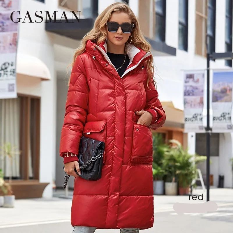 Women's down Jacket Long Classic zipper design Big Pocket Stand Collar Hooded Slim coat Women Parkas