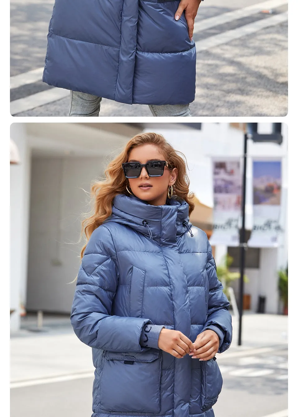 Women's down Jacket Long Classic zipper design Big Pocket Stand Collar Hooded Slim coat Women Parkas