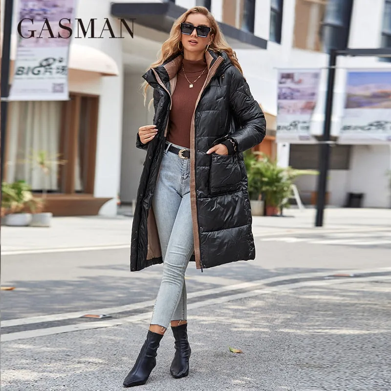 Women's down Jacket Long Classic zipper design Big Pocket Stand Collar Hooded Slim coat Women Parkas