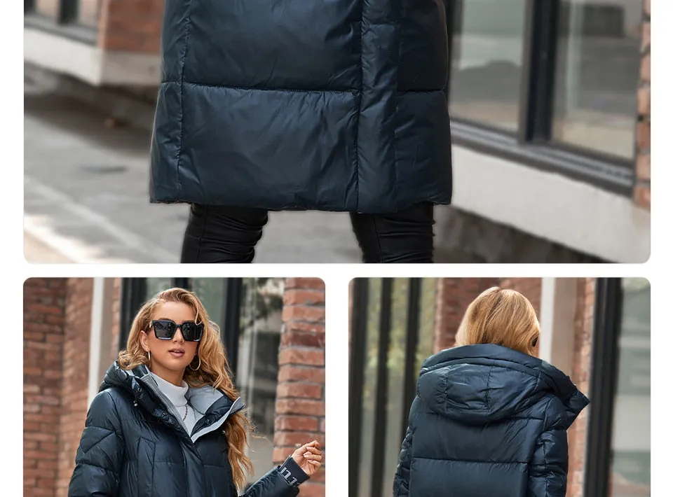 Women's down Jacket Long Classic zipper design Big Pocket Stand Collar Hooded Slim coat Women Parkas