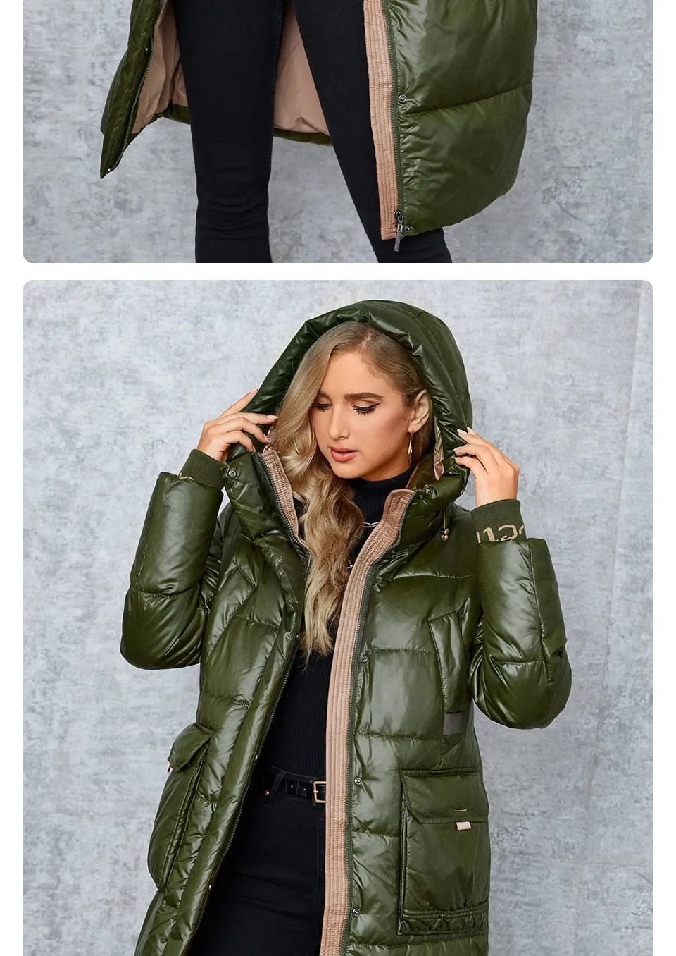 Women's down Jacket Long Classic zipper design Big Pocket Stand Collar Hooded Slim coat Women Parkas