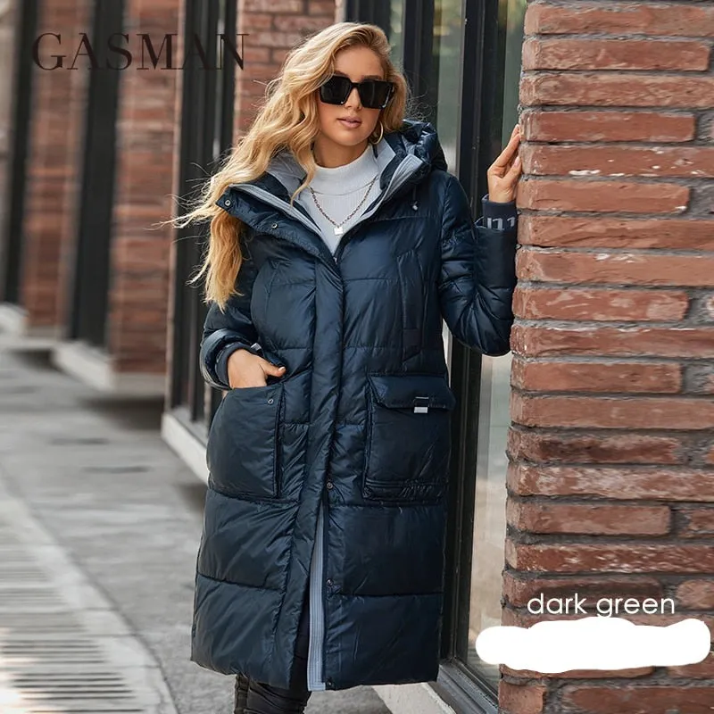 Women's down Jacket Long Classic zipper design Big Pocket Stand Collar Hooded Slim coat Women Parkas