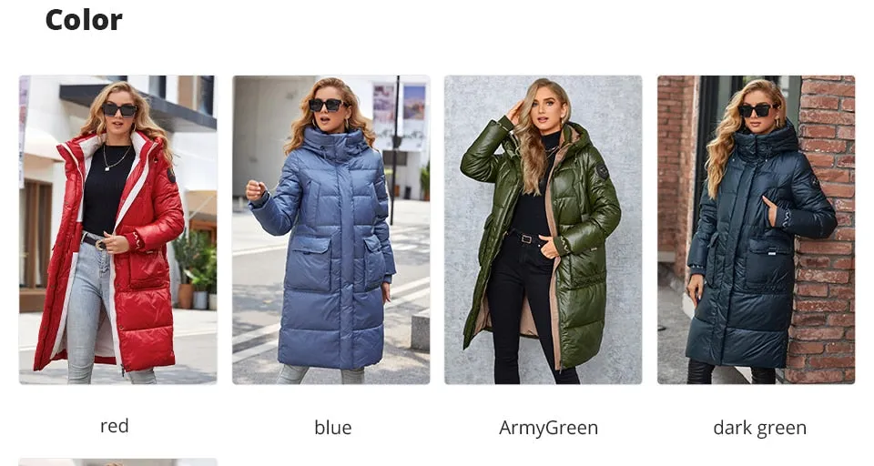 Women's down Jacket Long Classic zipper design Big Pocket Stand Collar Hooded Slim coat Women Parkas