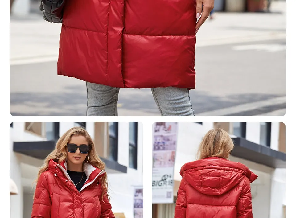 Women's down Jacket Long Classic zipper design Big Pocket Stand Collar Hooded Slim coat Women Parkas