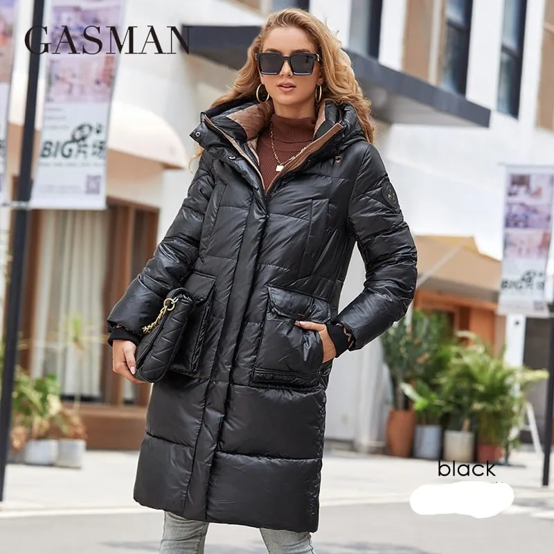 Women's down Jacket Long Classic zipper design Big Pocket Stand Collar Hooded Slim coat Women Parkas