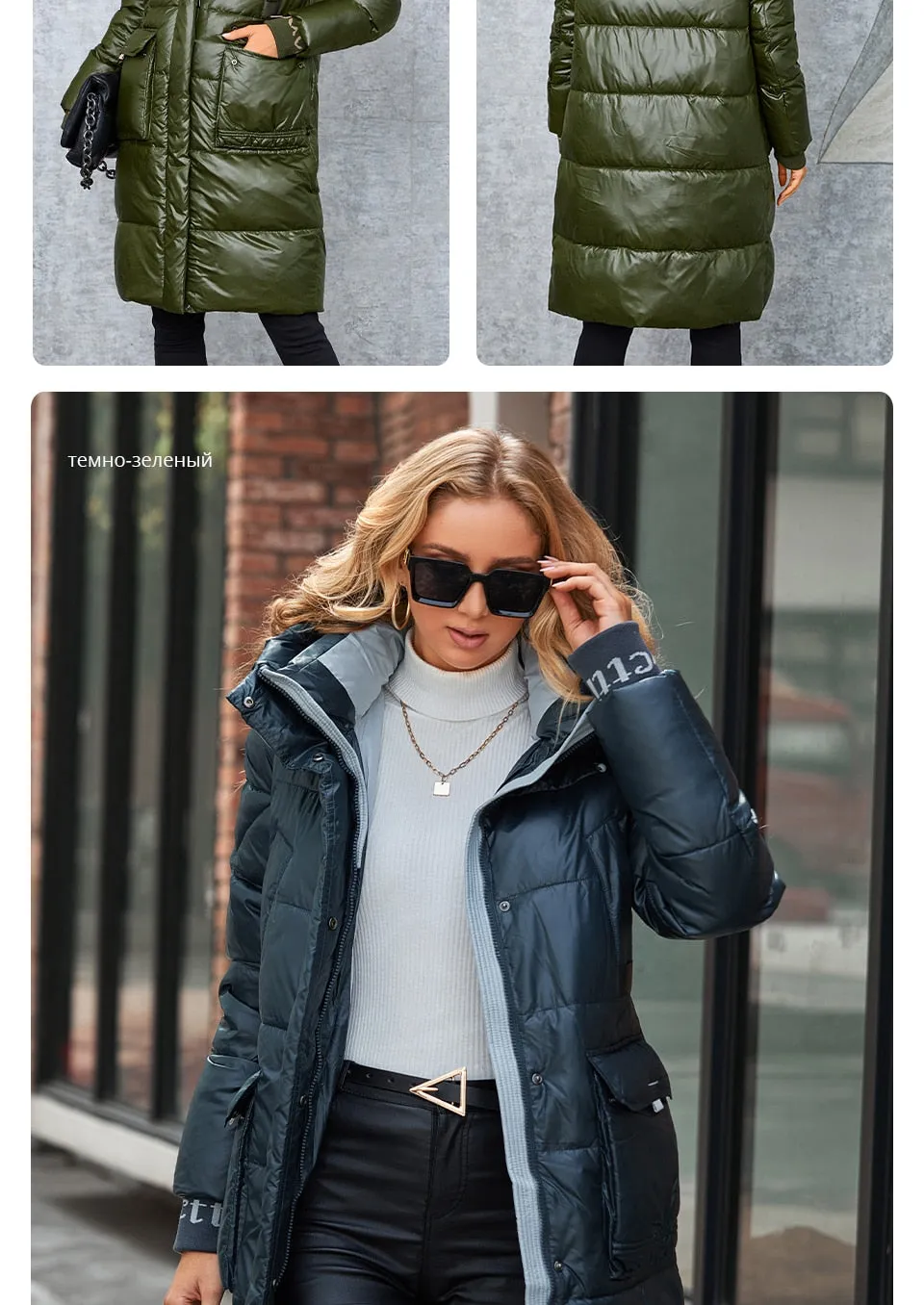 Women's down Jacket Long Classic zipper design Big Pocket Stand Collar Hooded Slim coat Women Parkas