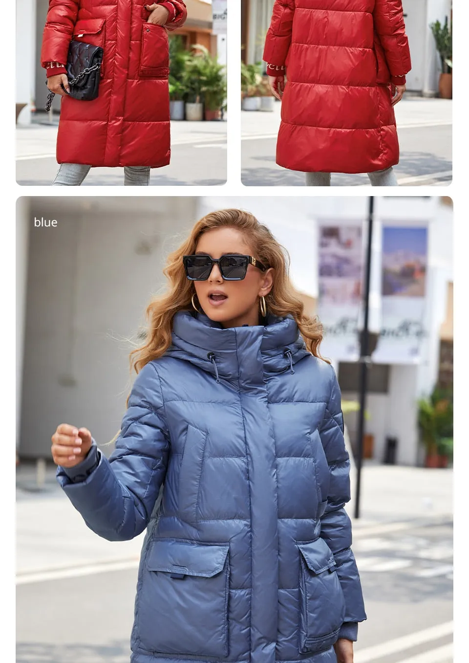 Women's down Jacket Long Classic zipper design Big Pocket Stand Collar Hooded Slim coat Women Parkas