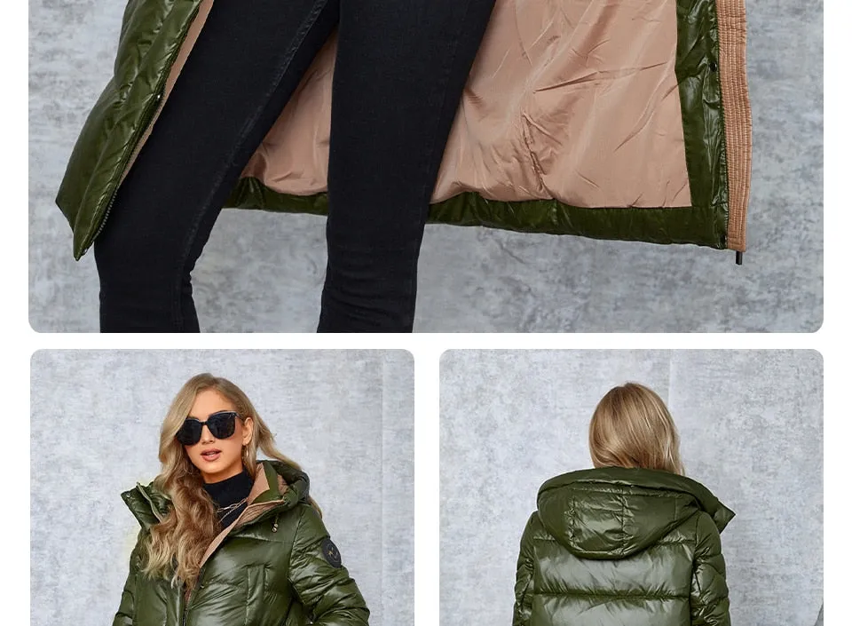 Women's down Jacket Long Classic zipper design Big Pocket Stand Collar Hooded Slim coat Women Parkas