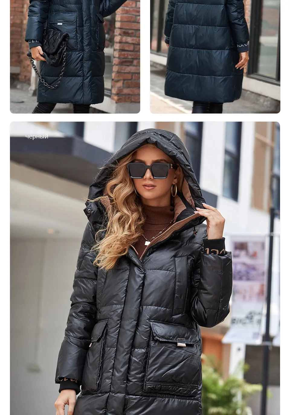 Women's down Jacket Long Classic zipper design Big Pocket Stand Collar Hooded Slim coat Women Parkas