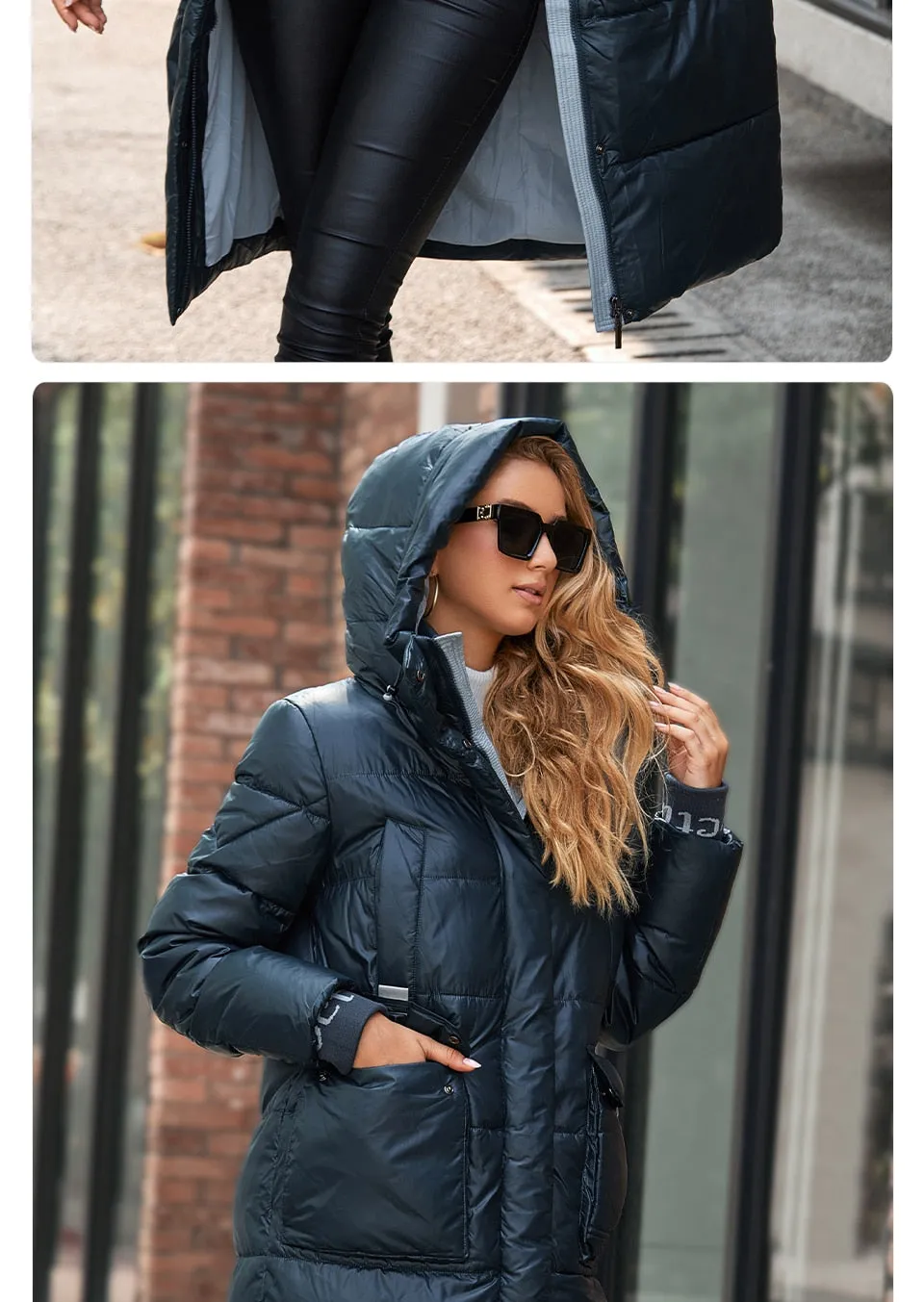 Women's down Jacket Long Classic zipper design Big Pocket Stand Collar Hooded Slim coat Women Parkas