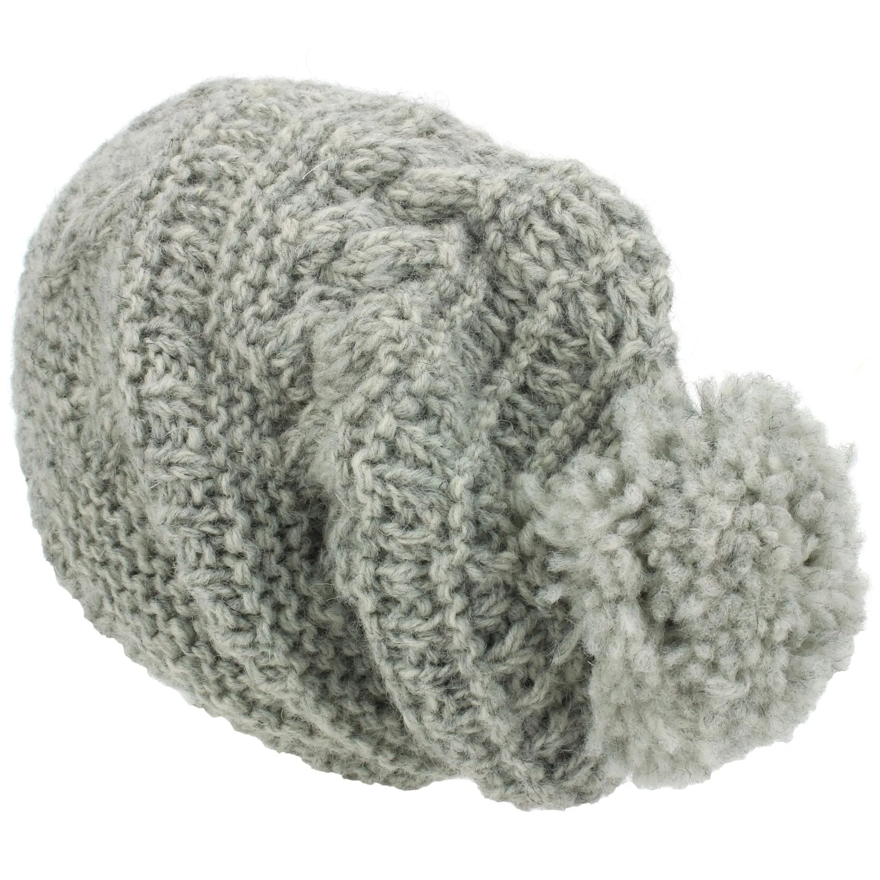 Wool Knit Bobble Beanie Hat - Light Grey