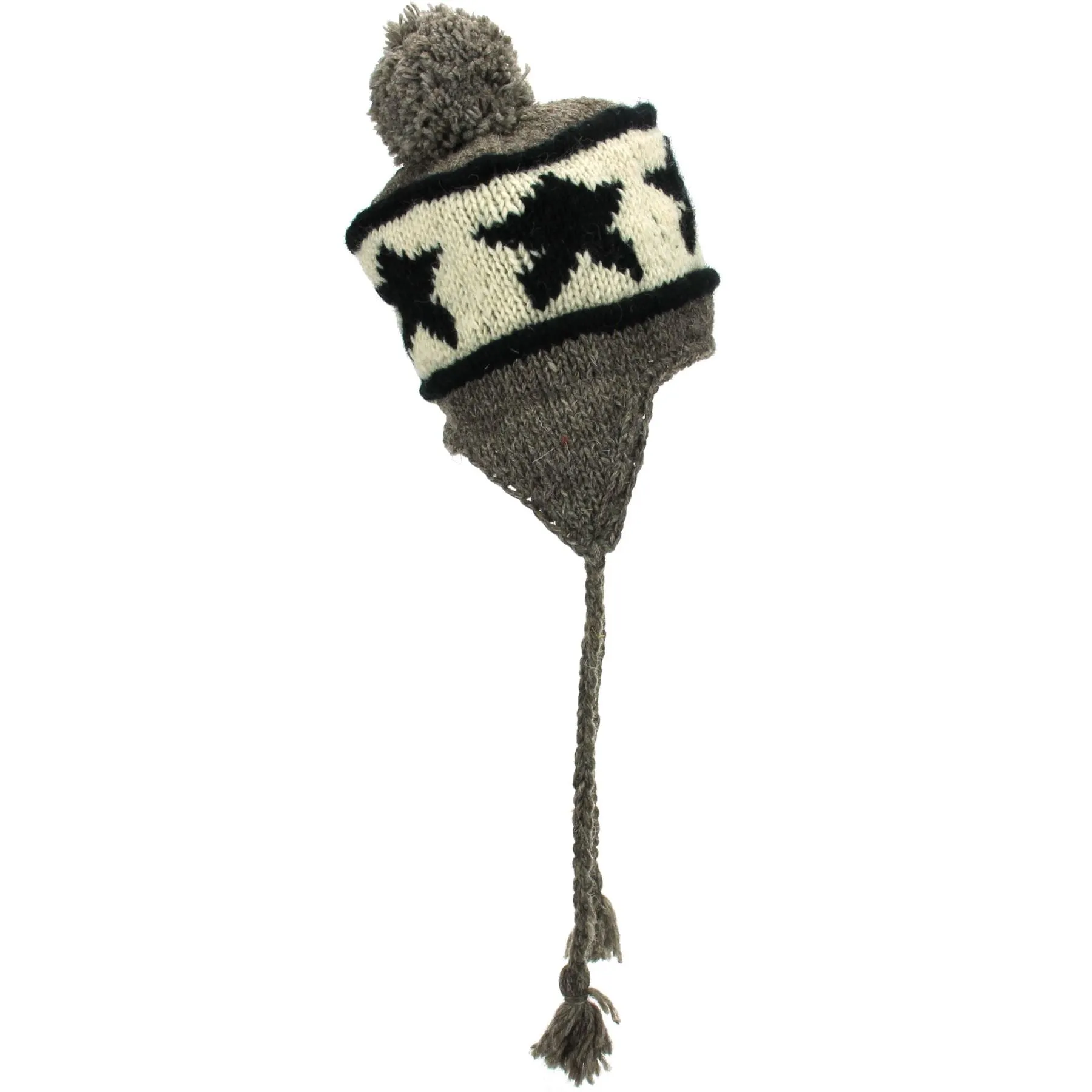 Wool Knit Earflap Bobble Hat - Star Grey