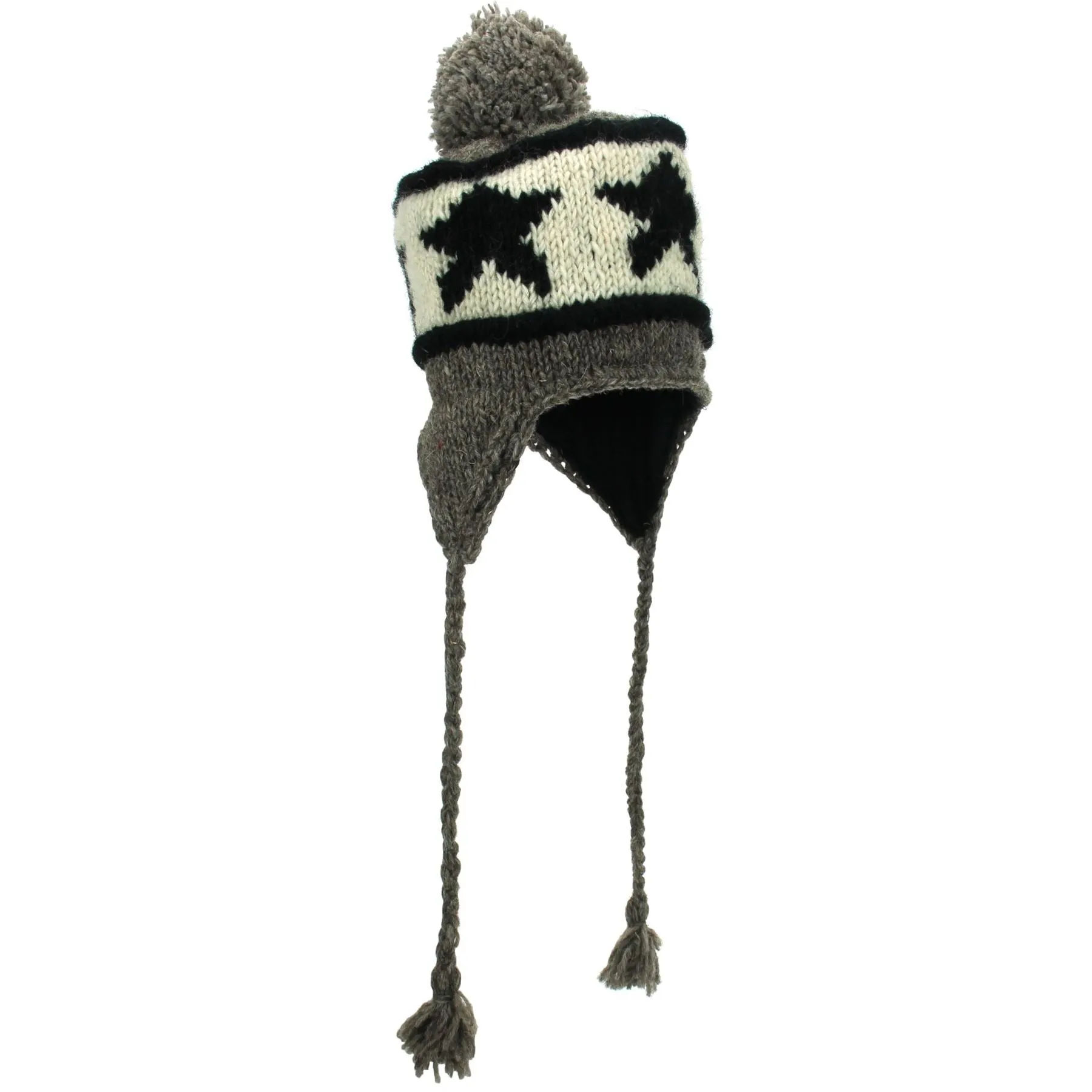 Wool Knit Earflap Bobble Hat - Star Grey