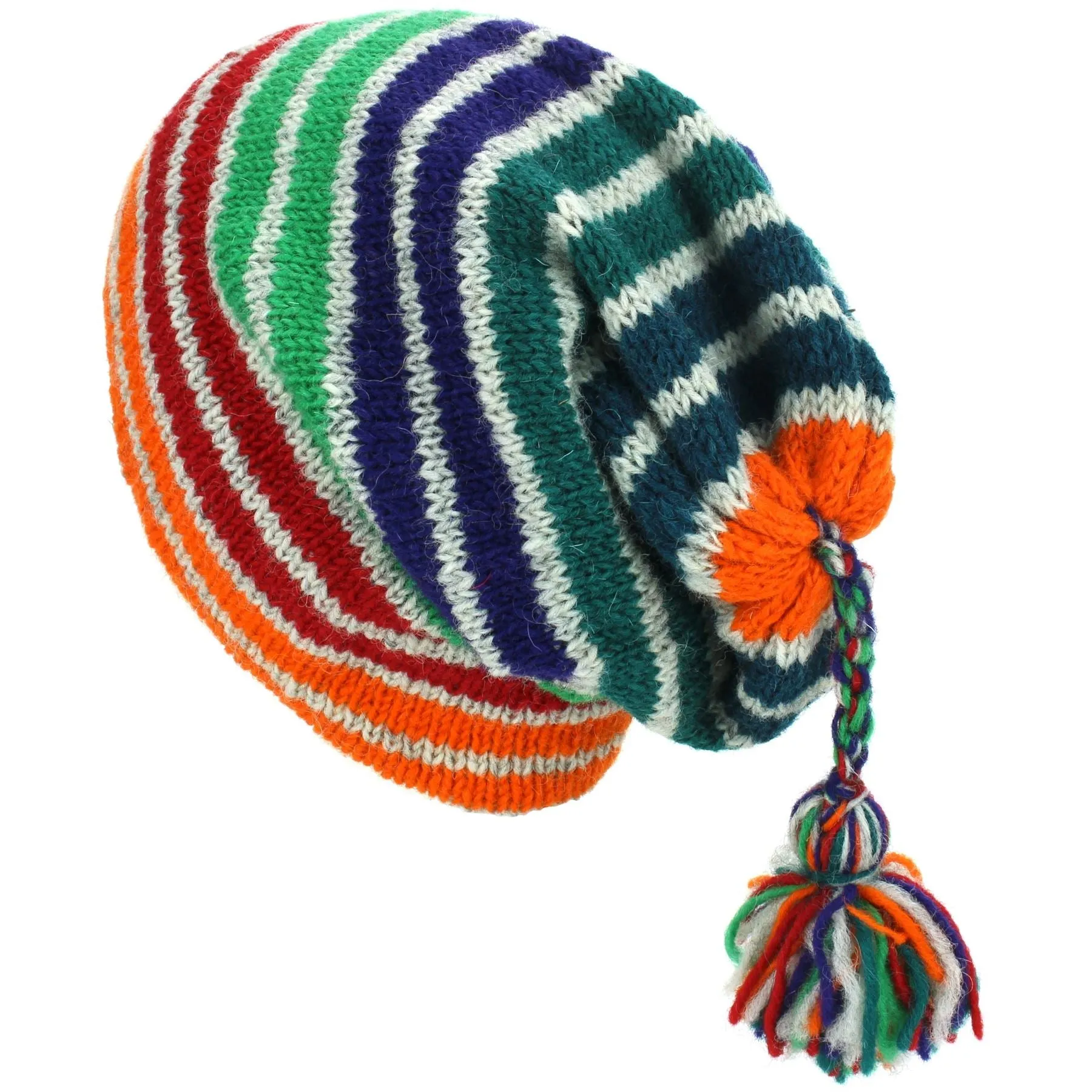 Wool Knit Tassel Beanie Hat - Stripe Green