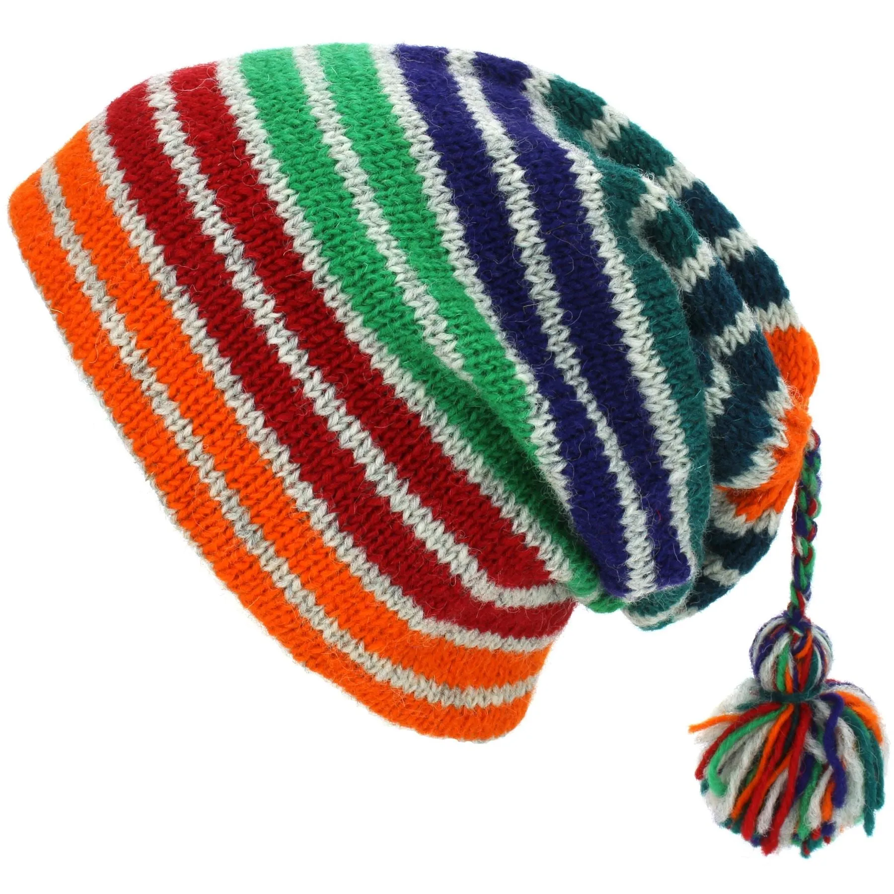 Wool Knit Tassel Beanie Hat - Stripe Green