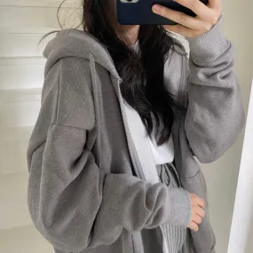 Yeknu Women Korean Version Loose Hoodies Long Sleeve Zip Up Solid Pocket Oversized Sweatshirts Female Thin Harajuku Hooded Coat Top